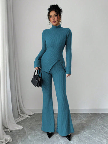 Women's Solid Stand Collar Long Sleeve Top And Fitted Pants Set