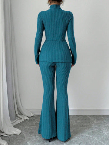 Women's Solid Stand Collar Long Sleeve Top And Fitted Pants Set