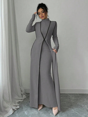 Women Knitted Ribbed High Neck Dress With Contrast Trim Fall