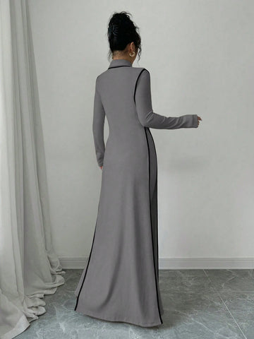 Women Knitted Ribbed High Neck Dress With Contrast Trim Fall