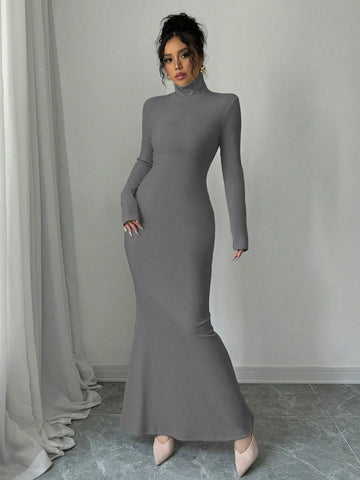 Women Knitted Ribbed High Neck Dress With Contrast Trim Fall