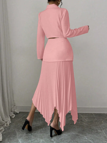 2pcs/Set Women Blazer Collar Gathered Waistline Button-Up Pleated Asymmetrical Elegant Outfit