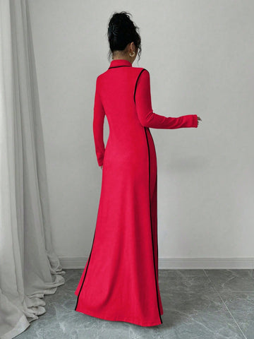 Women Knitted Ribbed High Neck Dress With Contrast Trim Fall