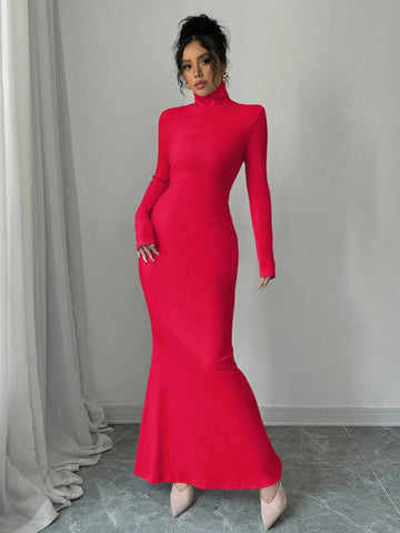 Women Knitted Ribbed High Neck Dress With Contrast Trim Fall