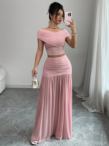 2pcs/Set Women Solid Color Fitted Simple Top And Skirt