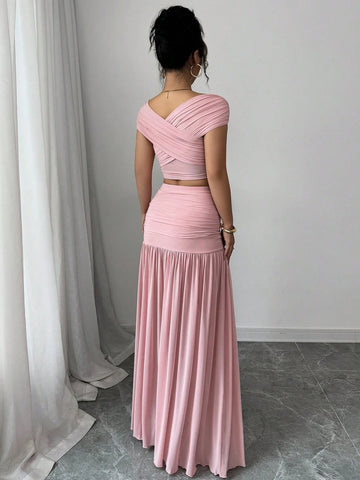 2pcs/Set Women Solid Color Fitted Simple Top And Skirt