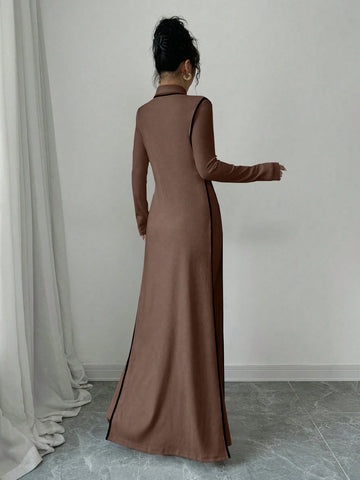 Women Knitted Ribbed High Neck Dress With Contrast Trim Fall