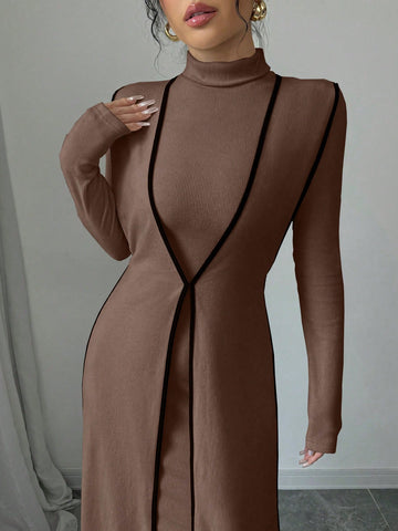 Women Knitted Ribbed High Neck Dress With Contrast Trim Fall