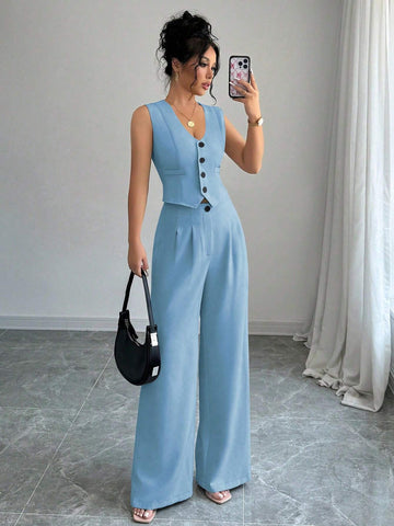Elenzga Casual Minimalist Solid Color Sleeveless Blazer & Pants Suit Set
