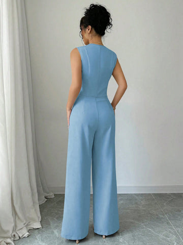 Elenzga Casual Minimalist Solid Color Sleeveless Blazer & Pants Suit Set