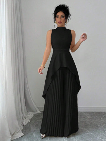2pcs Women Solid Color Stand Collar High Low Sleeveless Top And Pleated Long Pants