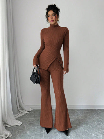 Women's Solid Stand Collar Long Sleeve Top And Fitted Pants Set