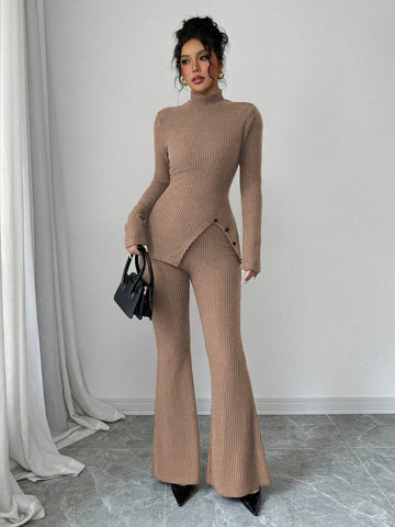 Women's Solid Stand Collar Long Sleeve Top And Fitted Pants Set