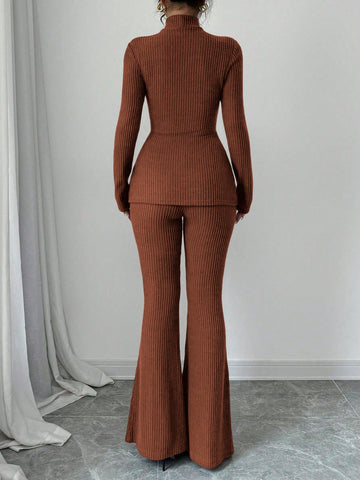 Women's Solid Stand Collar Long Sleeve Top And Fitted Pants Set