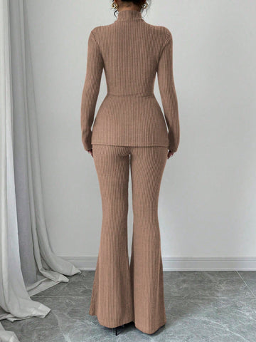 Women's Solid Stand Collar Long Sleeve Top And Fitted Pants Set