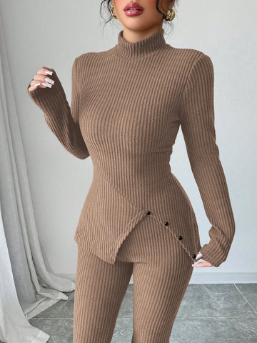 Women's Solid Stand Collar Long Sleeve Top And Fitted Pants Set