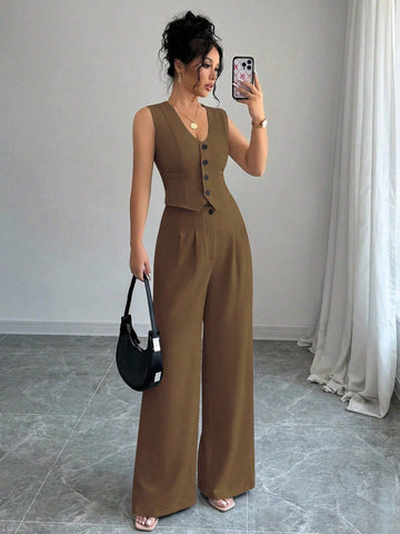 Elenzga Casual Minimalist Solid Color Sleeveless Blazer & Pants Suit Set