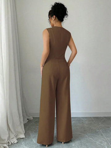 Elenzga Casual Minimalist Solid Color Sleeveless Blazer & Pants Suit Set