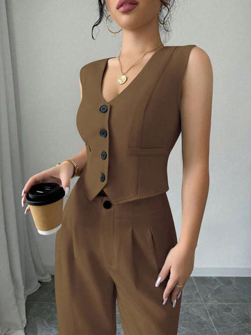 Elenzga Casual Minimalist Solid Color Sleeveless Blazer & Pants Suit Set