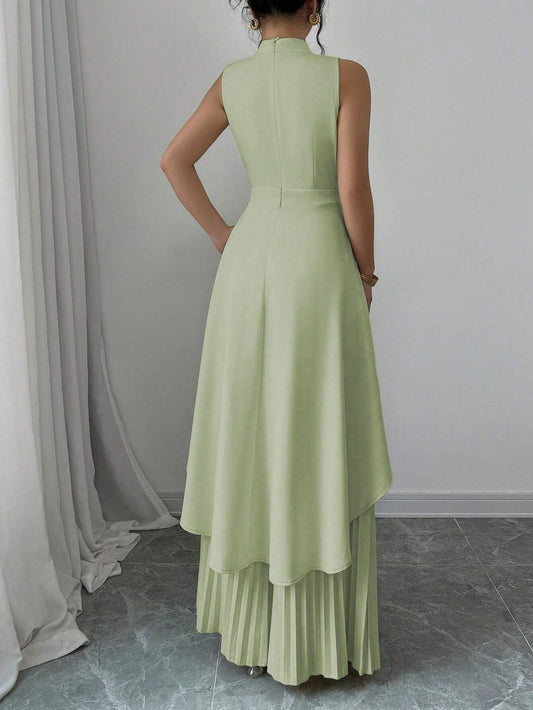 2pcs Women Solid Color Stand Collar High Low Sleeveless Top And Pleated Long Pants