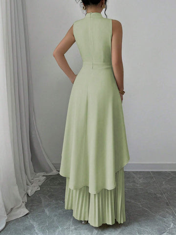 2pcs Women Solid Color Stand Collar High Low Sleeveless Top And Pleated Long Pants