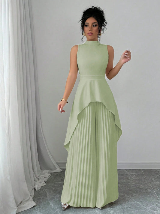 2pcs Women Solid Color Stand Collar High Low Sleeveless Top And Pleated Long Pants