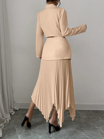 2pcs/Set Women Blazer Collar Gathered Waistline Button-Up Pleated Asymmetrical Elegant Outfit