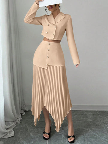2pcs/Set Women Blazer Collar Gathered Waistline Button-Up Pleated Asymmetrical Elegant Outfit