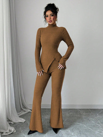 Women's Solid Stand Collar Long Sleeve Top And Fitted Pants Set