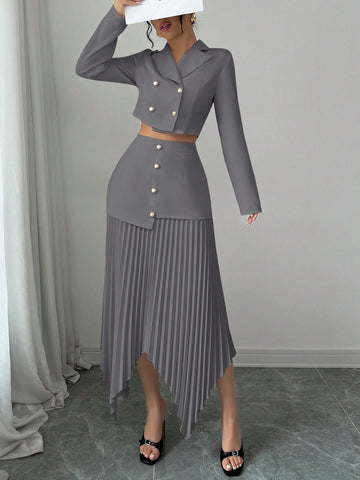 2pcs/Set Women Blazer Collar Gathered Waistline Button-Up Pleated Asymmetrical Elegant Outfit