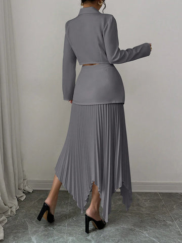 2pcs/Set Women Blazer Collar Gathered Waistline Button-Up Pleated Asymmetrical Elegant Outfit