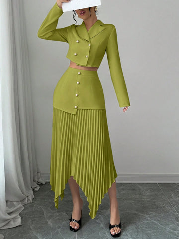 2pcs/Set Women Blazer Collar Gathered Waistline Button-Up Pleated Asymmetrical Elegant Outfit