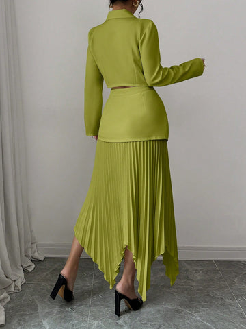 2pcs/Set Women Blazer Collar Gathered Waistline Button-Up Pleated Asymmetrical Elegant Outfit