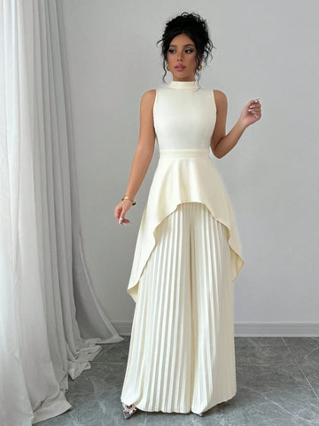 2pcs Women Solid Color Stand Collar High Low Sleeveless Top And Pleated Long Pants
