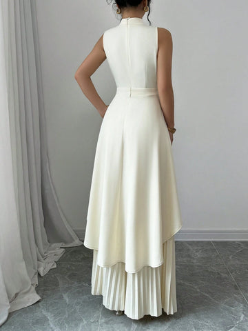 2pcs Women Solid Color Stand Collar High Low Sleeveless Top And Pleated Long Pants