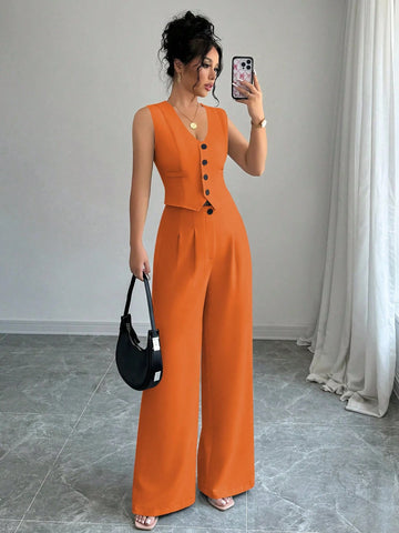Elenzga Casual Minimalist Solid Color Sleeveless Blazer & Pants Suit Set