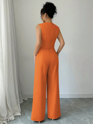 Elenzga Casual Minimalist Solid Color Sleeveless Blazer & Pants Suit Set