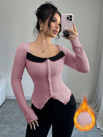 Color Block Square Neck Long Sleeve Asymmetrical Hem Slim Fit Velvet T-Shirt Graphic Tees