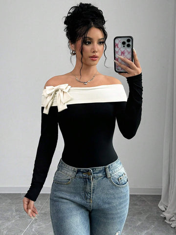 Elenzga Bowknot Decor Off Shoulder Bodysuit