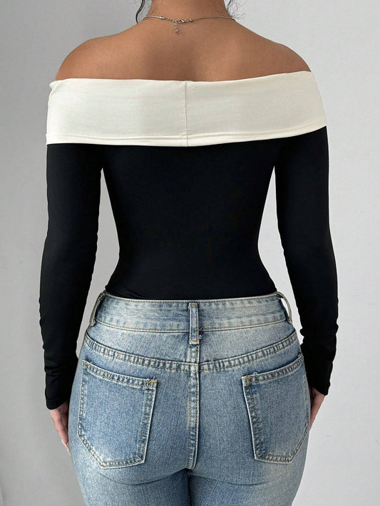 Elenzga Bowknot Decor Off Shoulder Bodysuit