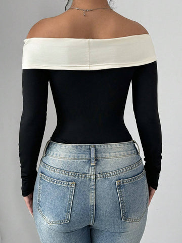 Elenzga Bowknot Decor Off Shoulder Bodysuit