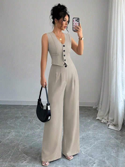 Elenzga Casual Minimalist Solid Color Sleeveless Blazer & Pants Suit Set