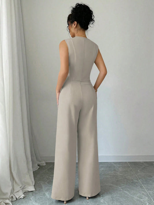 Elenzga Casual Minimalist Solid Color Sleeveless Blazer & Pants Suit Set