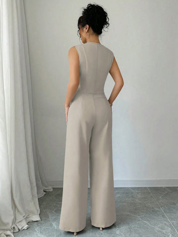 Elenzga Casual Minimalist Solid Color Sleeveless Blazer & Pants Suit Set