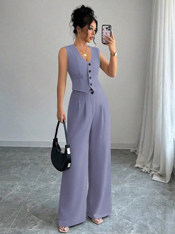 Elenzga Casual Minimalist Solid Color Sleeveless Blazer & Pants Suit Set