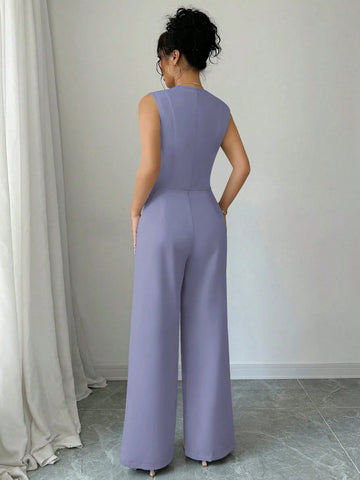 Elenzga Casual Minimalist Solid Color Sleeveless Blazer & Pants Suit Set
