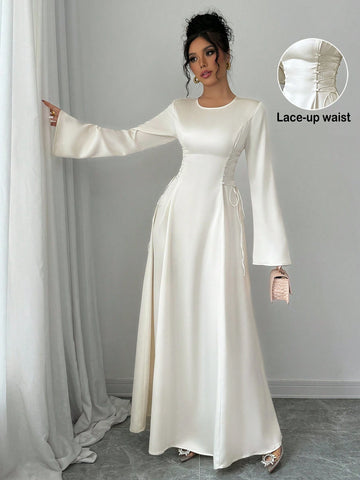 Elegant Color A-Line Waist Cinched Flare Sleeve Dress