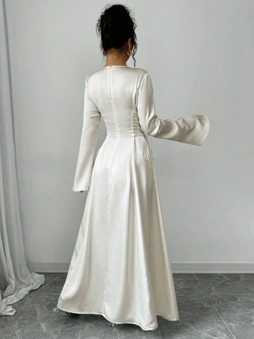 Elegant Color A-Line Waist Cinched Flare Sleeve Dress