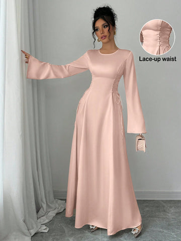Elegant Color A-Line Waist Cinched Flare Sleeve Dress
