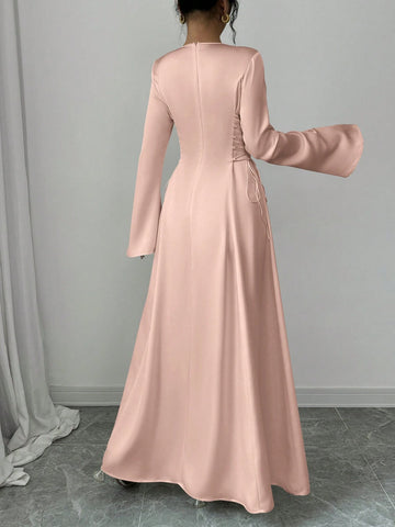 Elegant Color A-Line Waist Cinched Flare Sleeve Dress